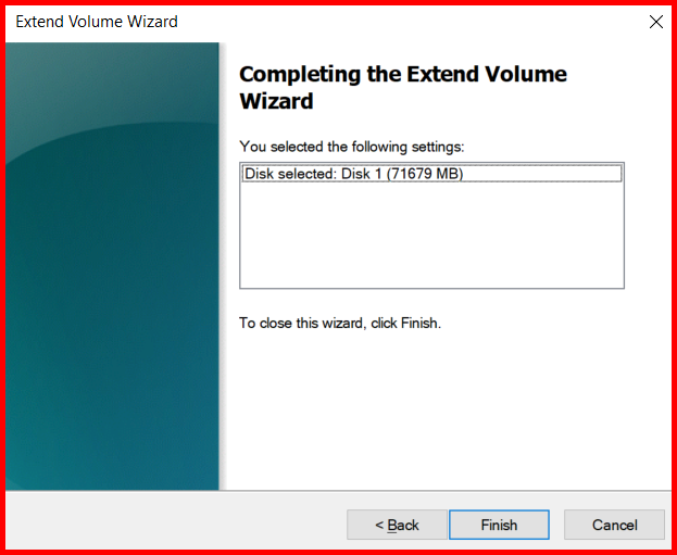 Picture showing the wizard window when user clicks on the Extend Volume option